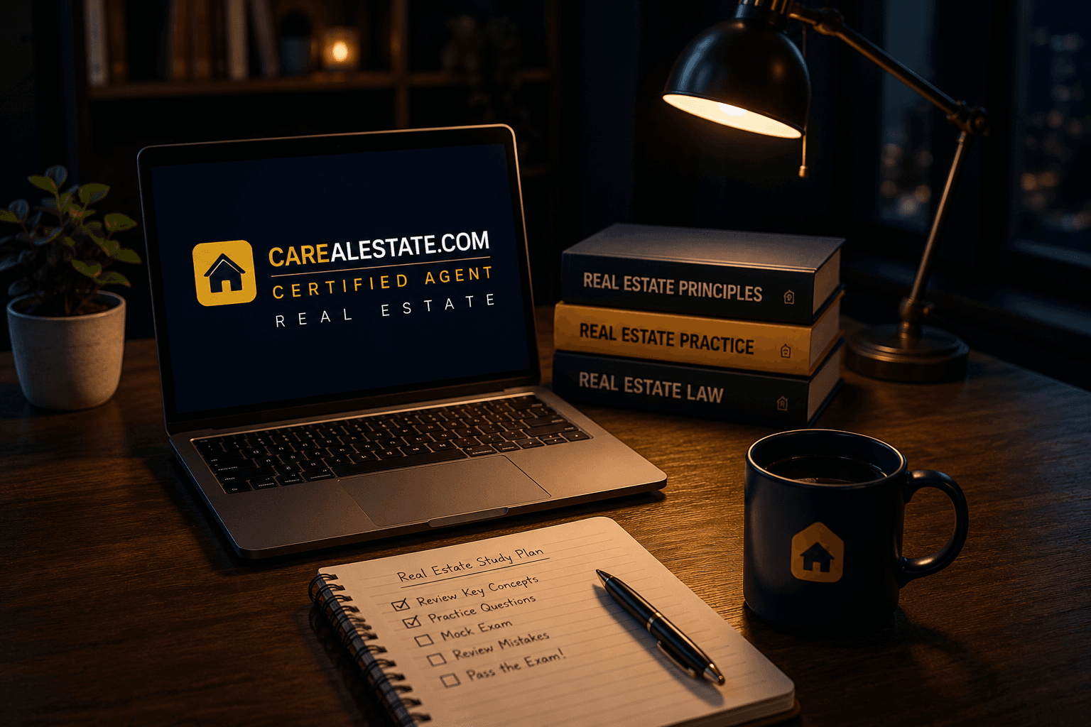 Laptop showing CARealestate.com with real estate study books, notebook, and coffee mug on a desk
